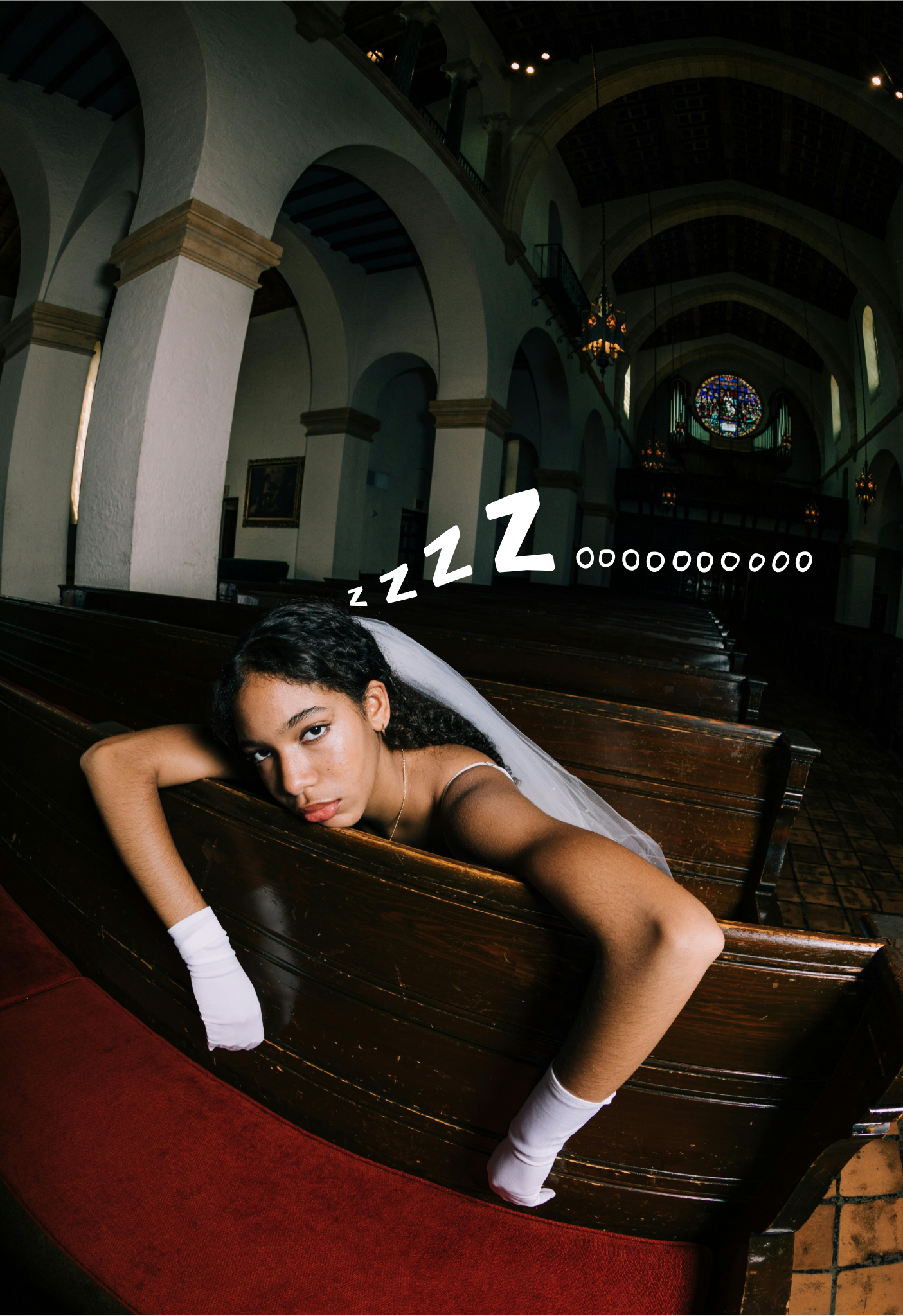 Bored female bride in church