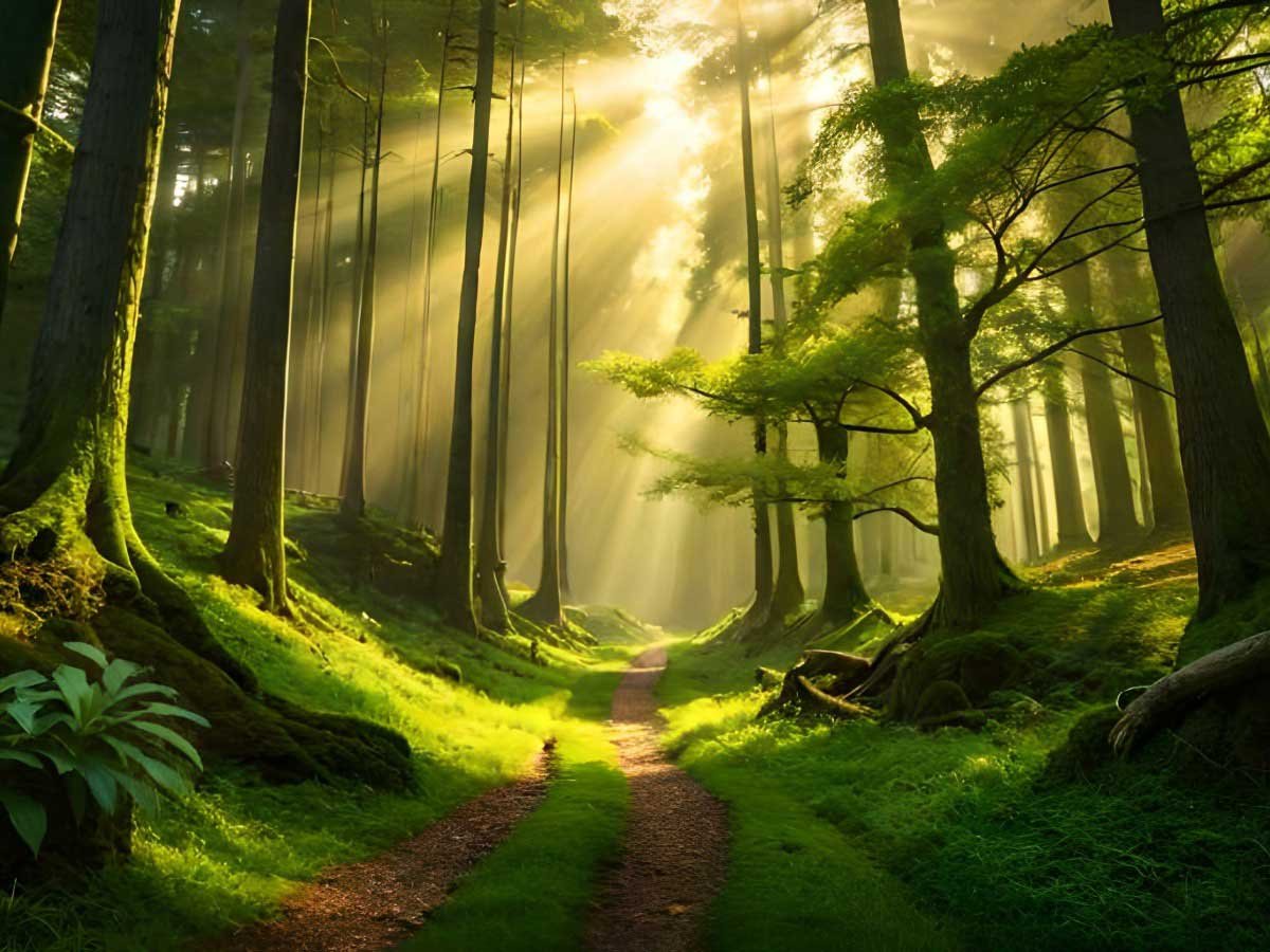 Sunlight streaming through a dense forest