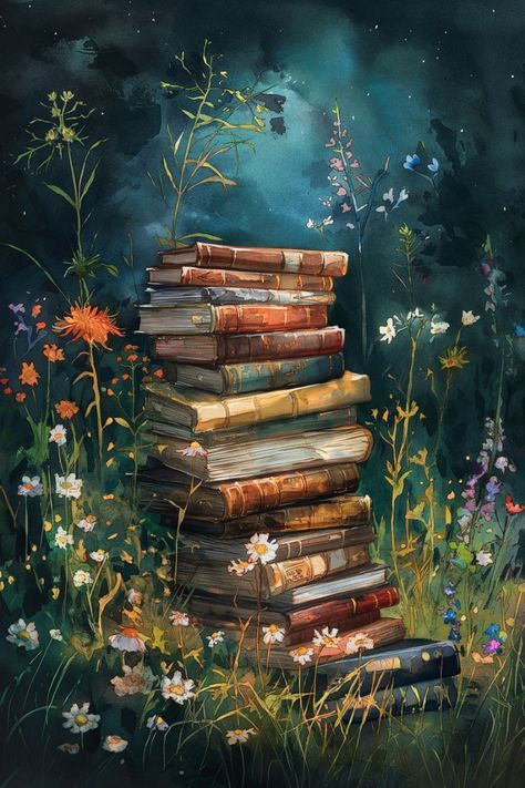 Pile of books surrounded by flours