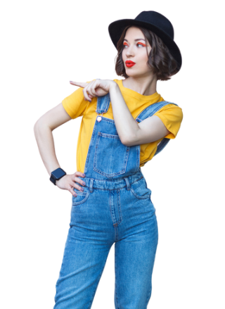 creative woman pointing at text