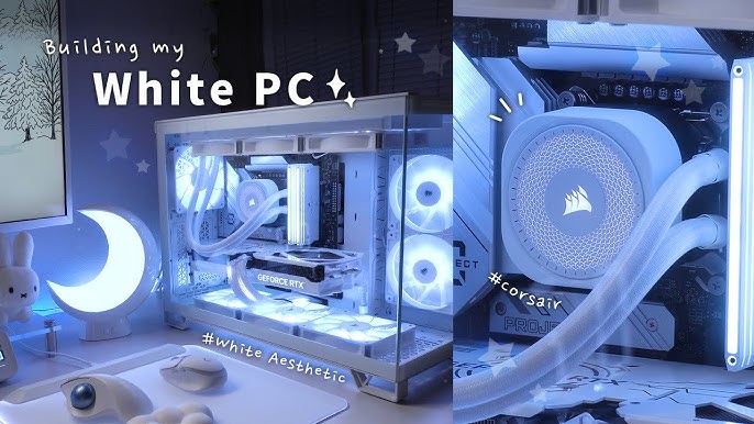 Image of a frosty white computer setup featuring a short computer case and lots of bright lights