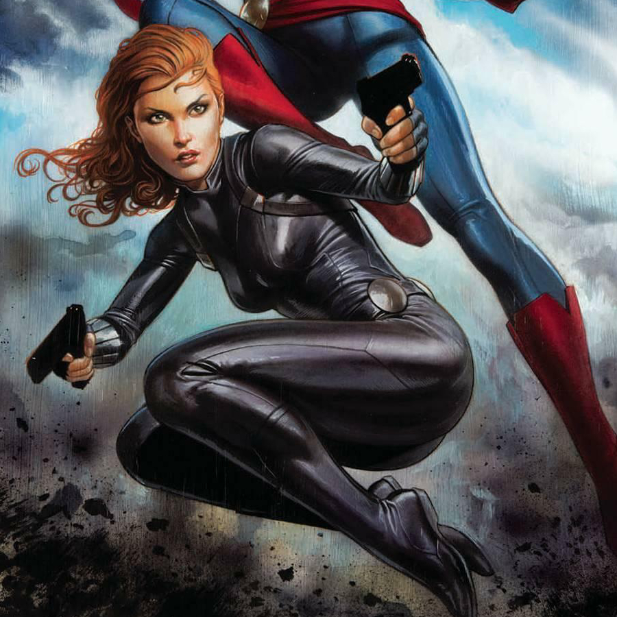 Black Widow, mid-jump, with her legs tucked in and a gun in each hand
