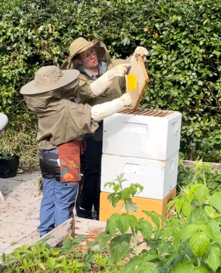 My daughter and I harvesting honey