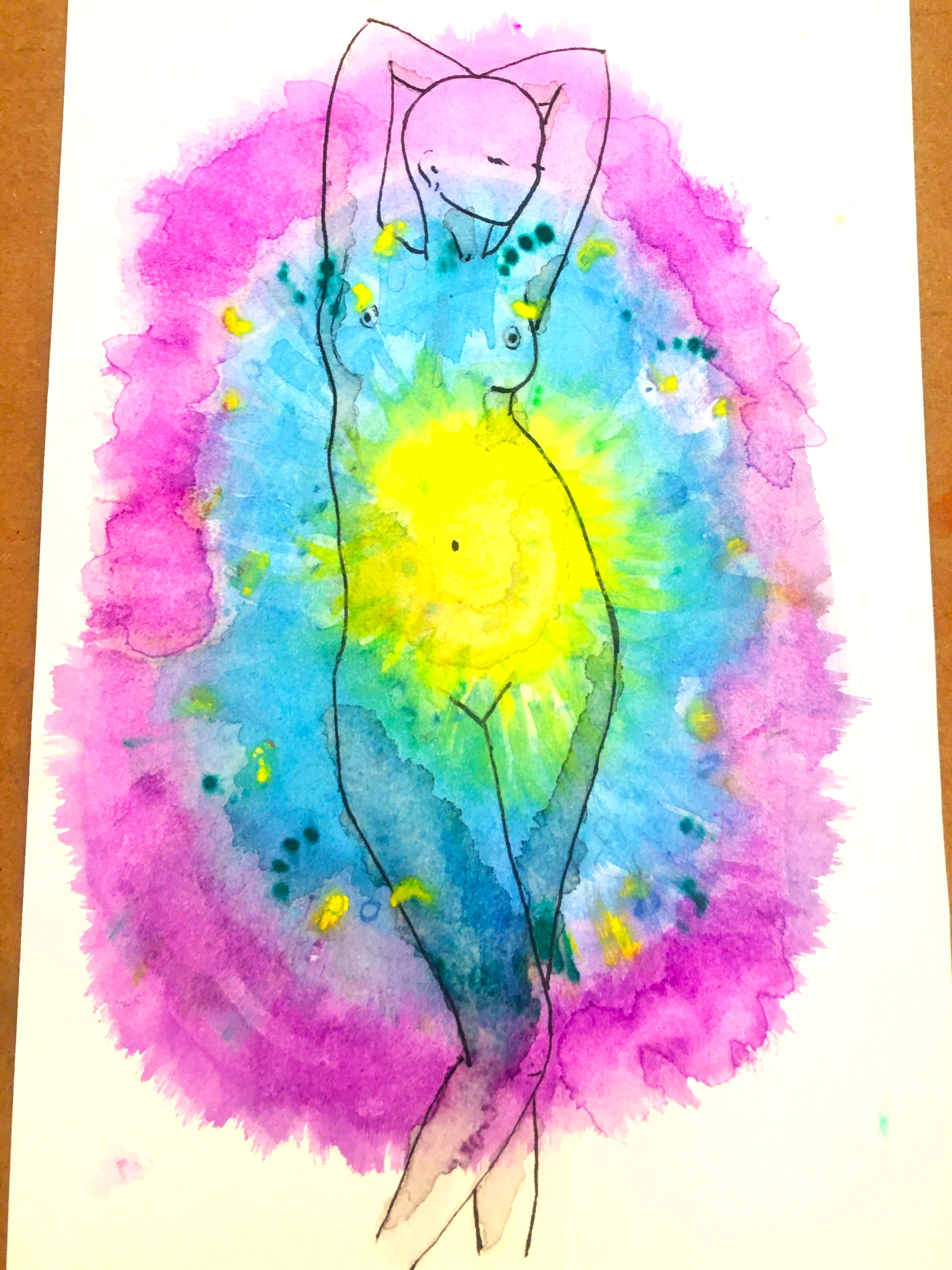 watercolor painting woman on rainbow background