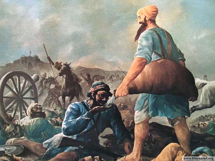 Bhai Kanhaiya Ji serving water to a wounded enemy soldier