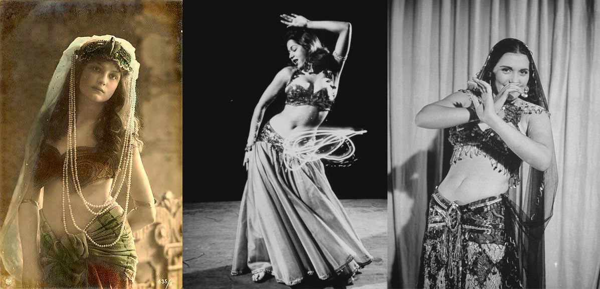 collage of 3 vintage photos of women belly dancers