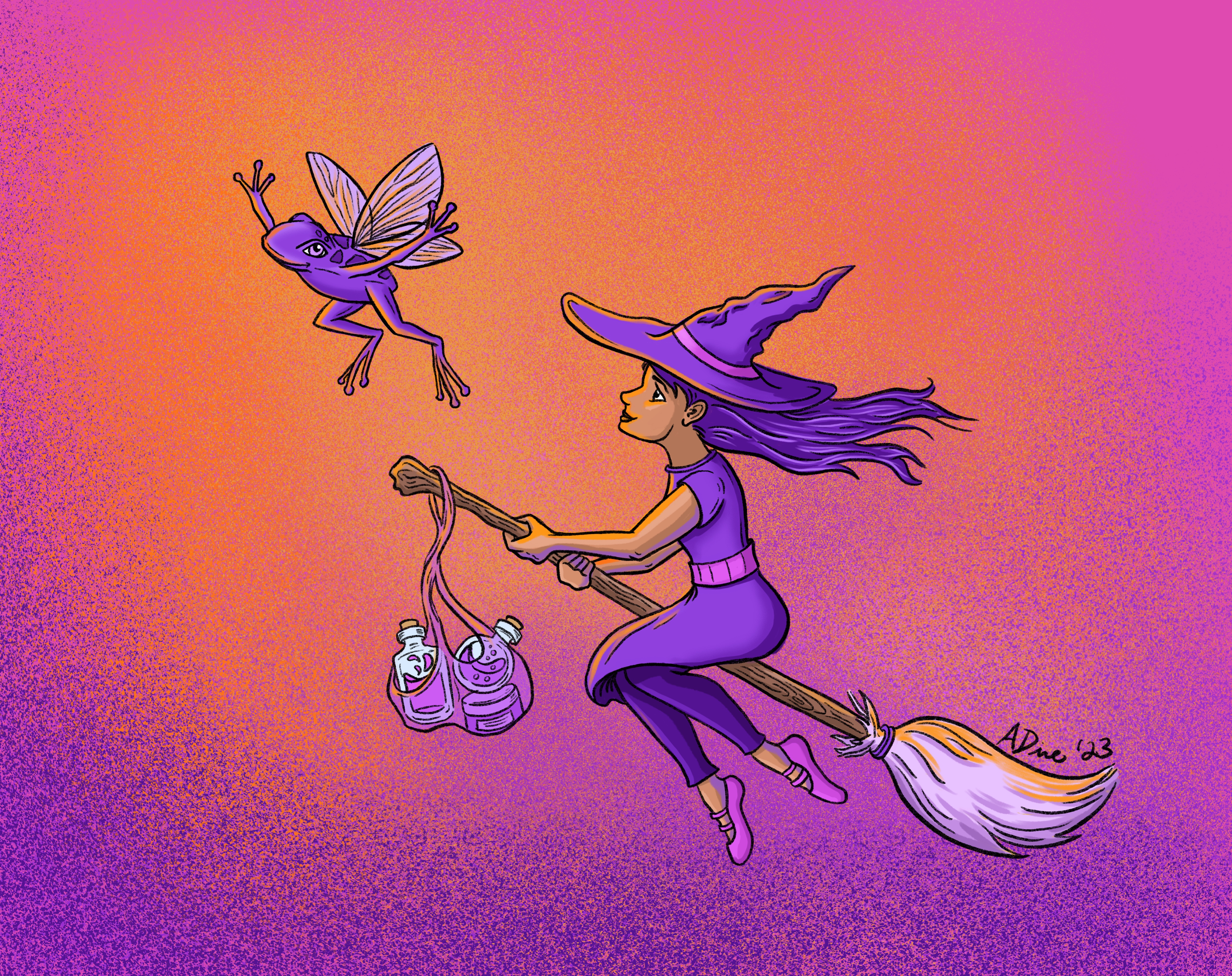 Flying witch and fairy toad