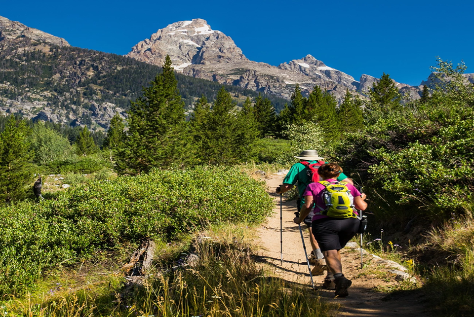 a couple hiking up a mountain