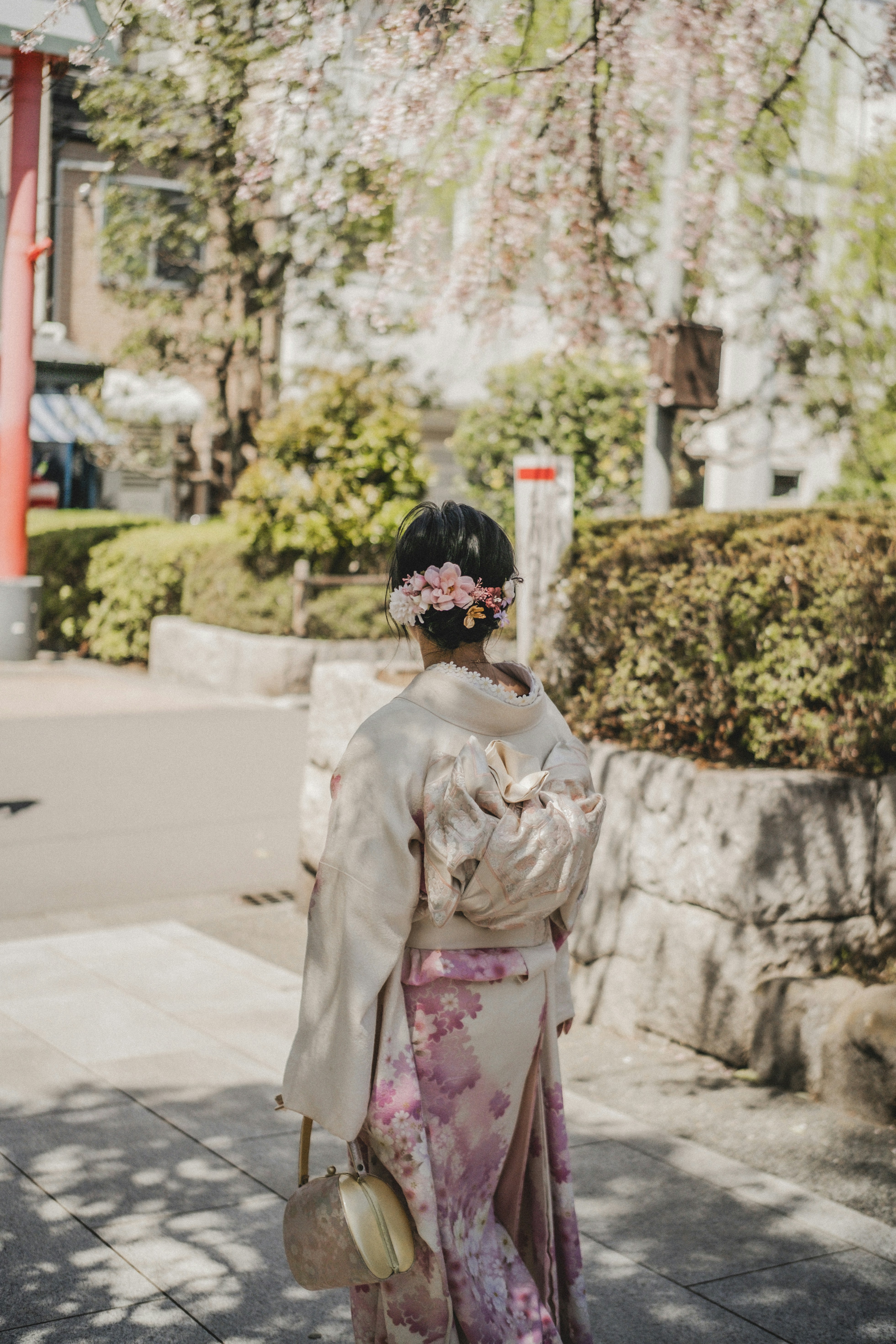 A woman wearing a colorful kimono, standing under cherry blossoms.