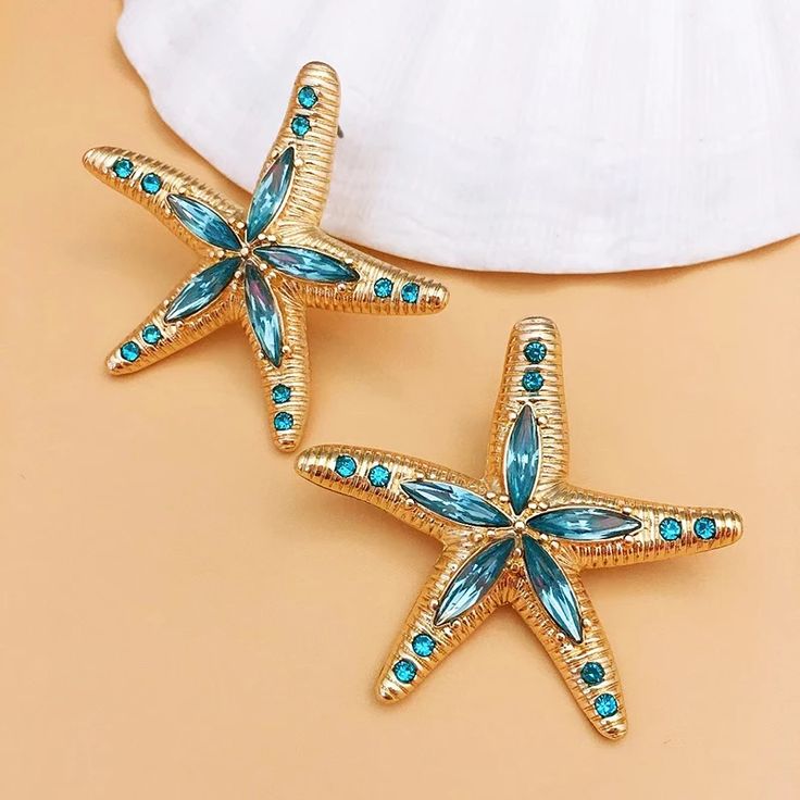 blue and gold starfish stud earrings