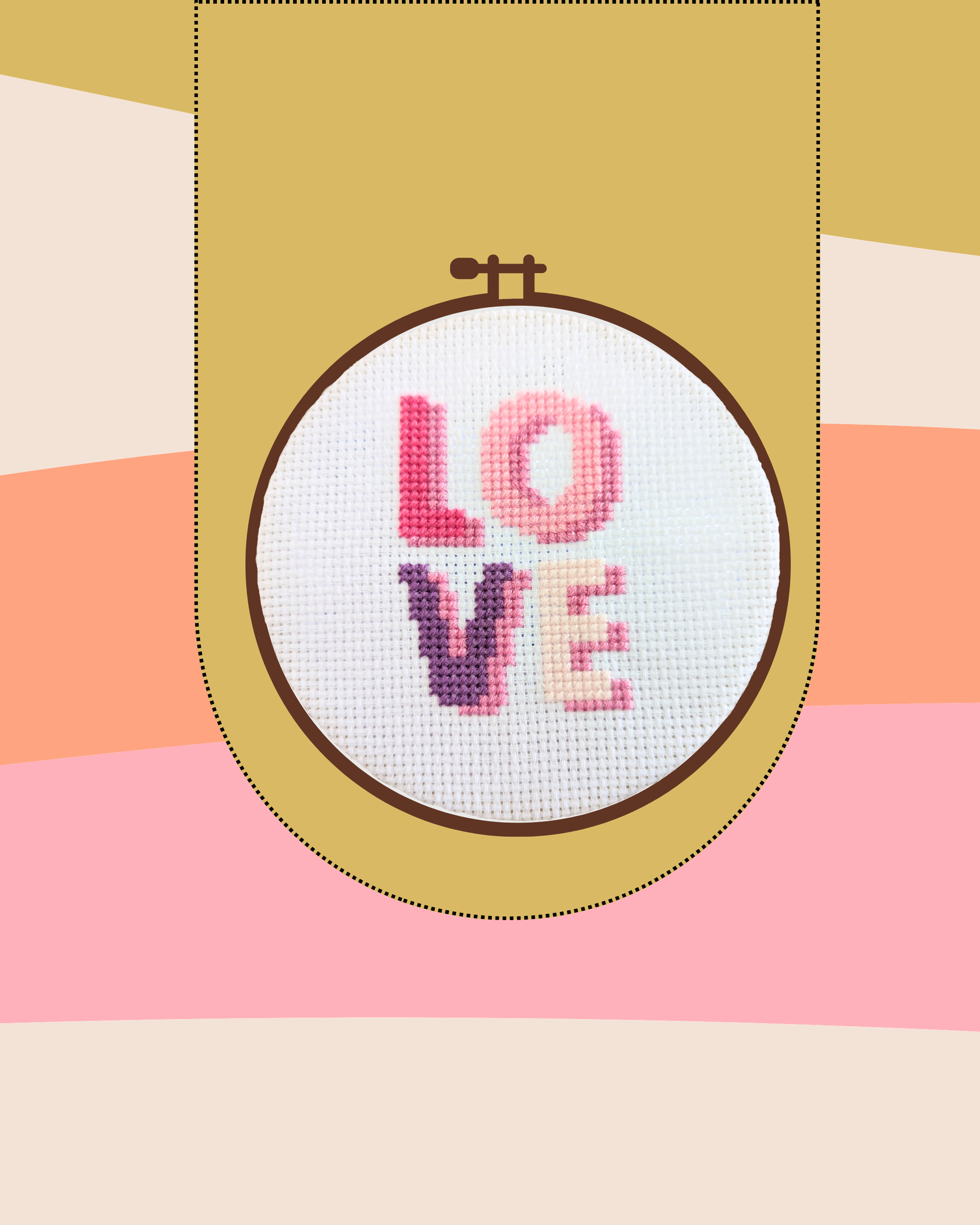 Cross stitch of a LOVE logo