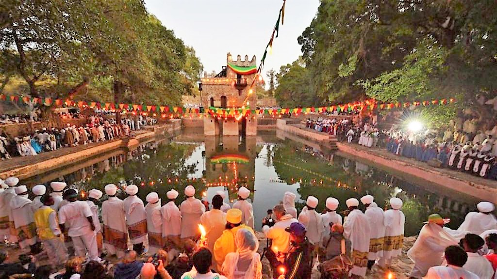 Crowd gathered around sacred pool during Timket celebration