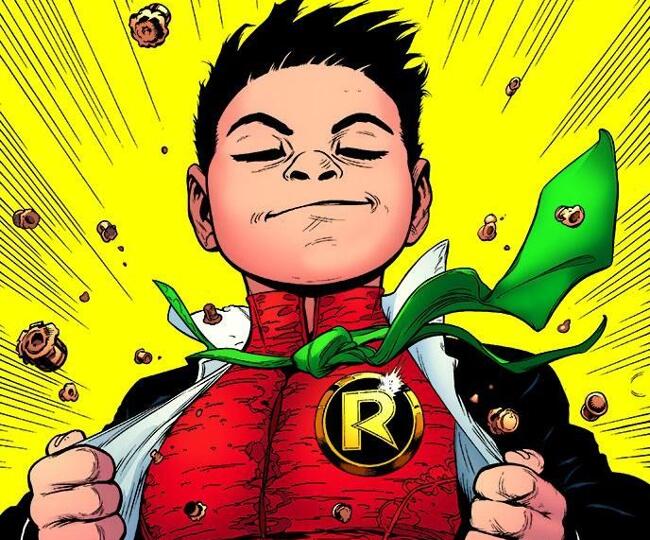 caucasian boy with black hair opening his dress shirt to reveal the Robin uniform (red top with a gold R logo on the right).