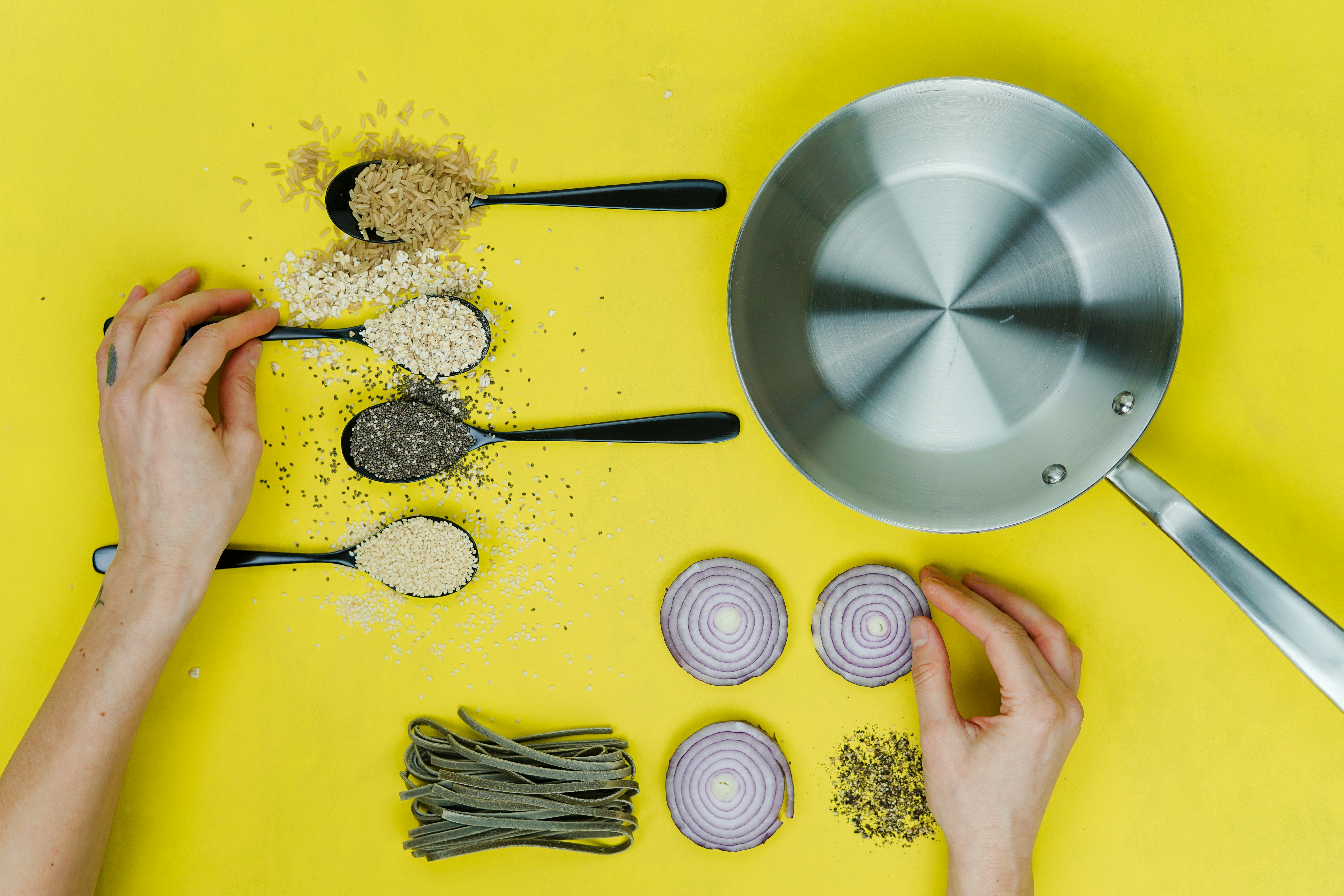 Top down view of the ingredients for a fresh pasta dish