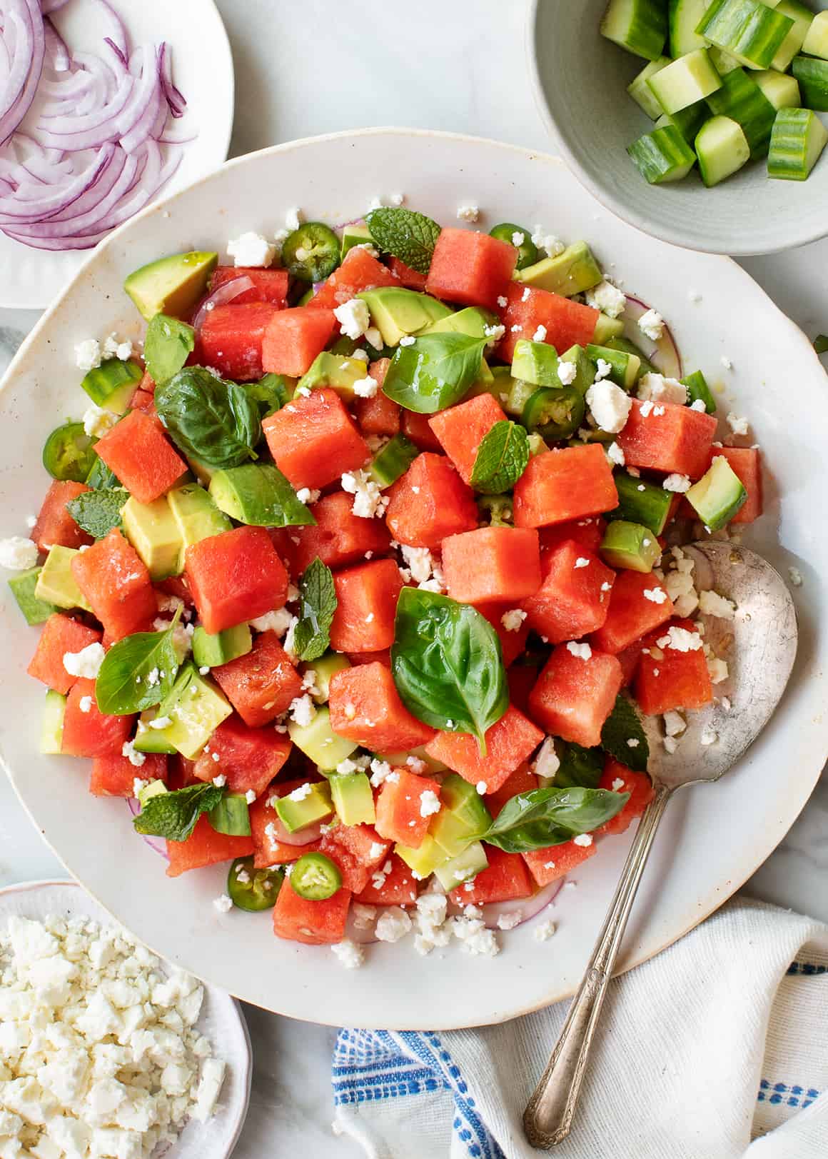 Watermelon feta mint salad on a platter