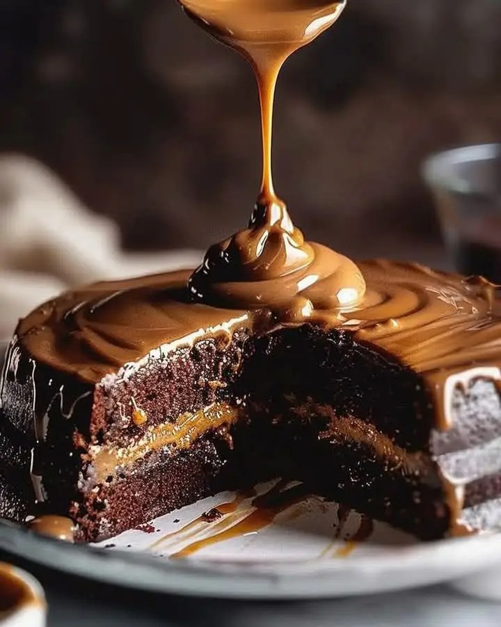 A whole caramel cake on a stand