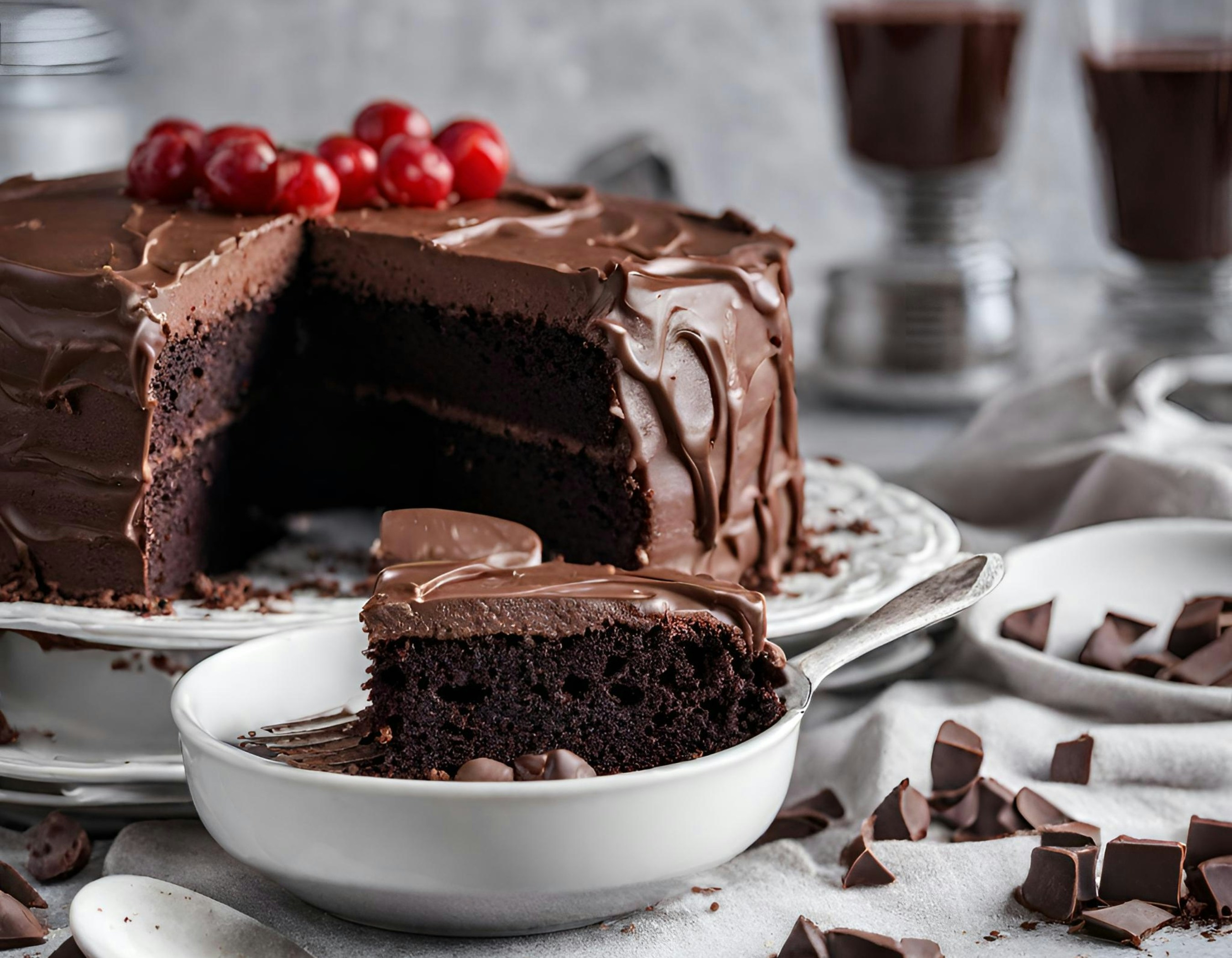 Chocolate Cake sliced and topped with cherries