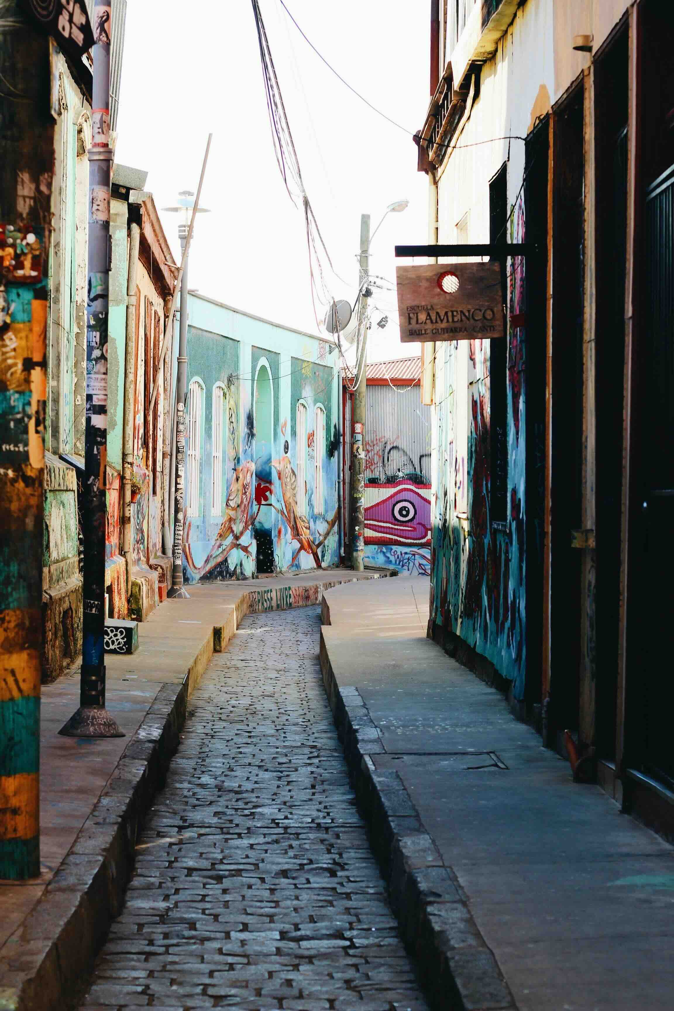 Graffiti alleyway in Valparaíso with murals and cobblestone path