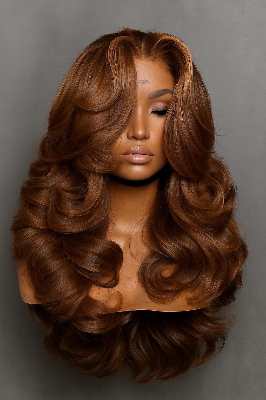 Layered ginger brown wavy curls