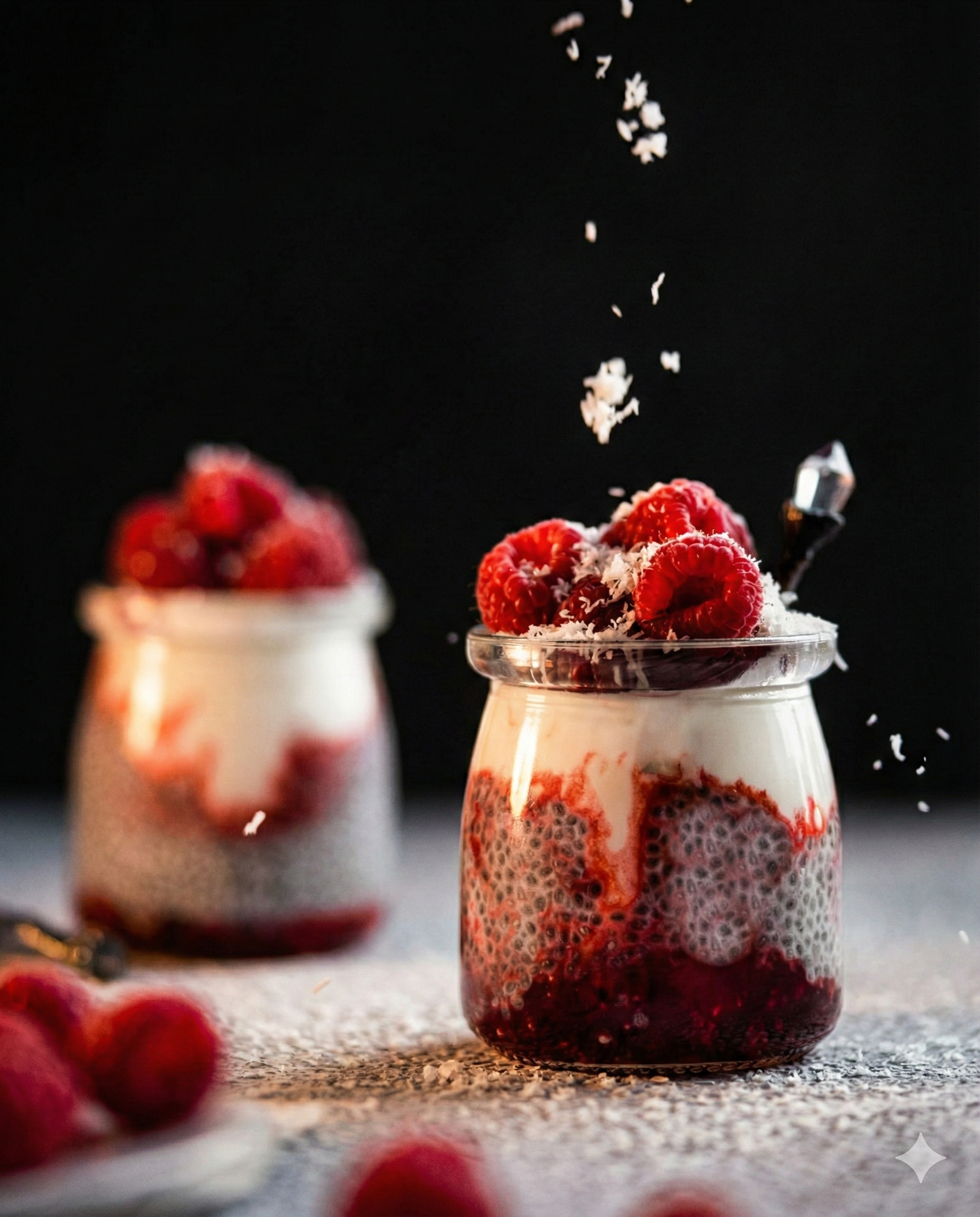 Greek yougurt with raspberries in glass jars on a black backgroudnd