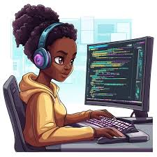 A cartoon of a young, black woman coding