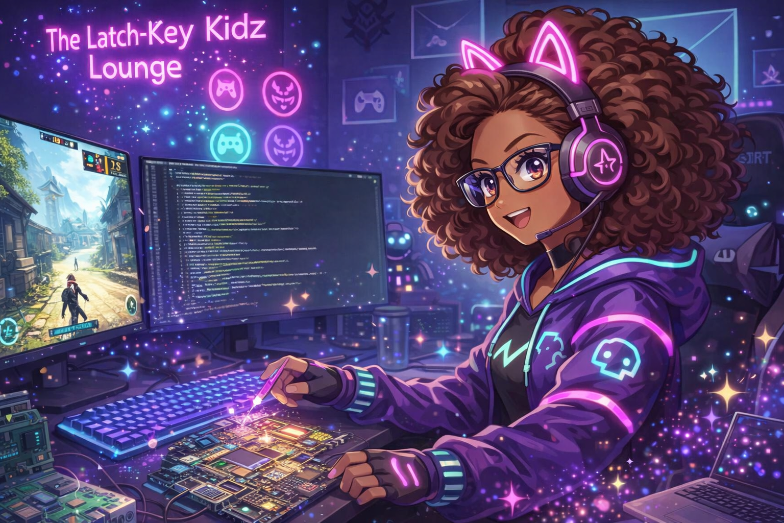 Quana anime tinkering at desk holding a soldering iron with computer monitors