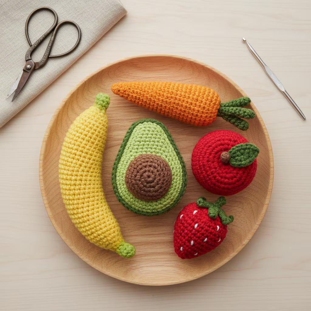Chocheted bananna, avocado, strawberry, carrot and apple in a fruit bowl
