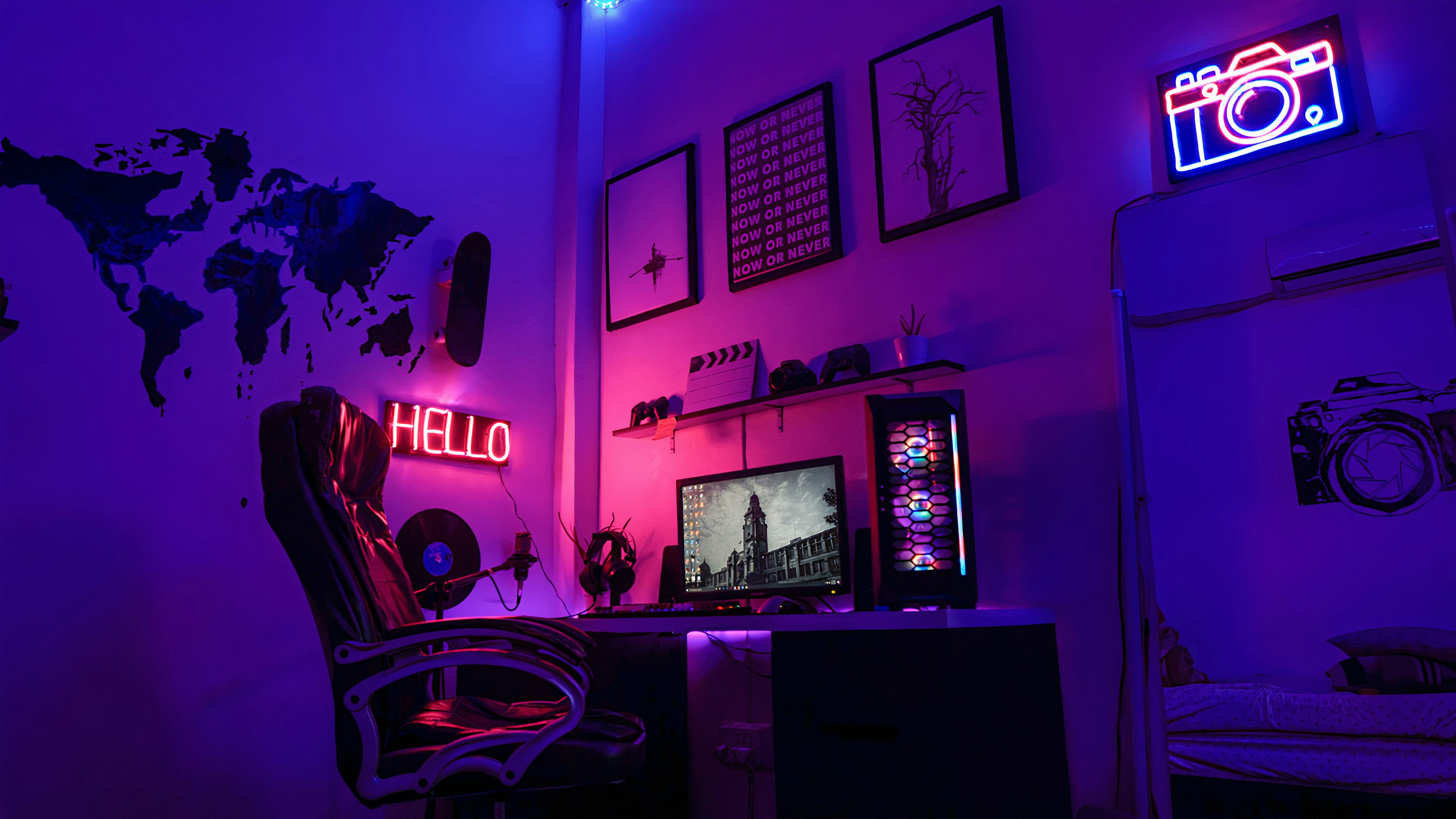 Gaming setup with purple lighting
