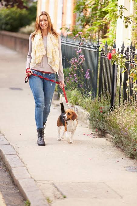 Woman taking dog for a walk