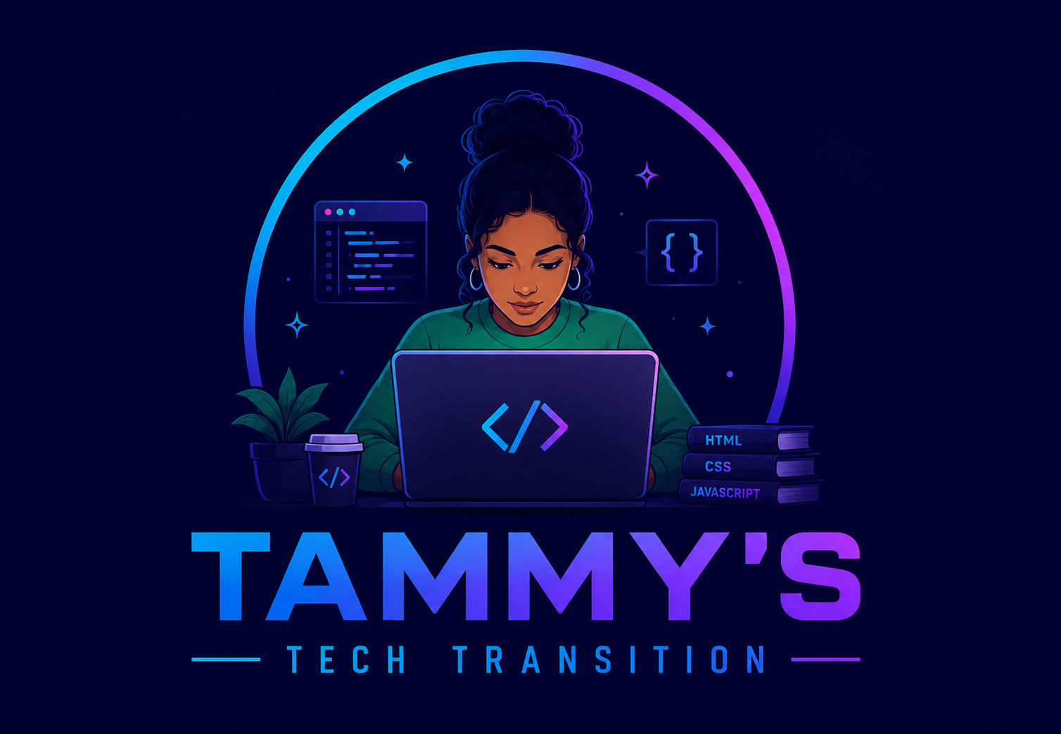 Tammy's Tech Transition - Illustration of a woman coding with HTML, CSS, and JavaScript books