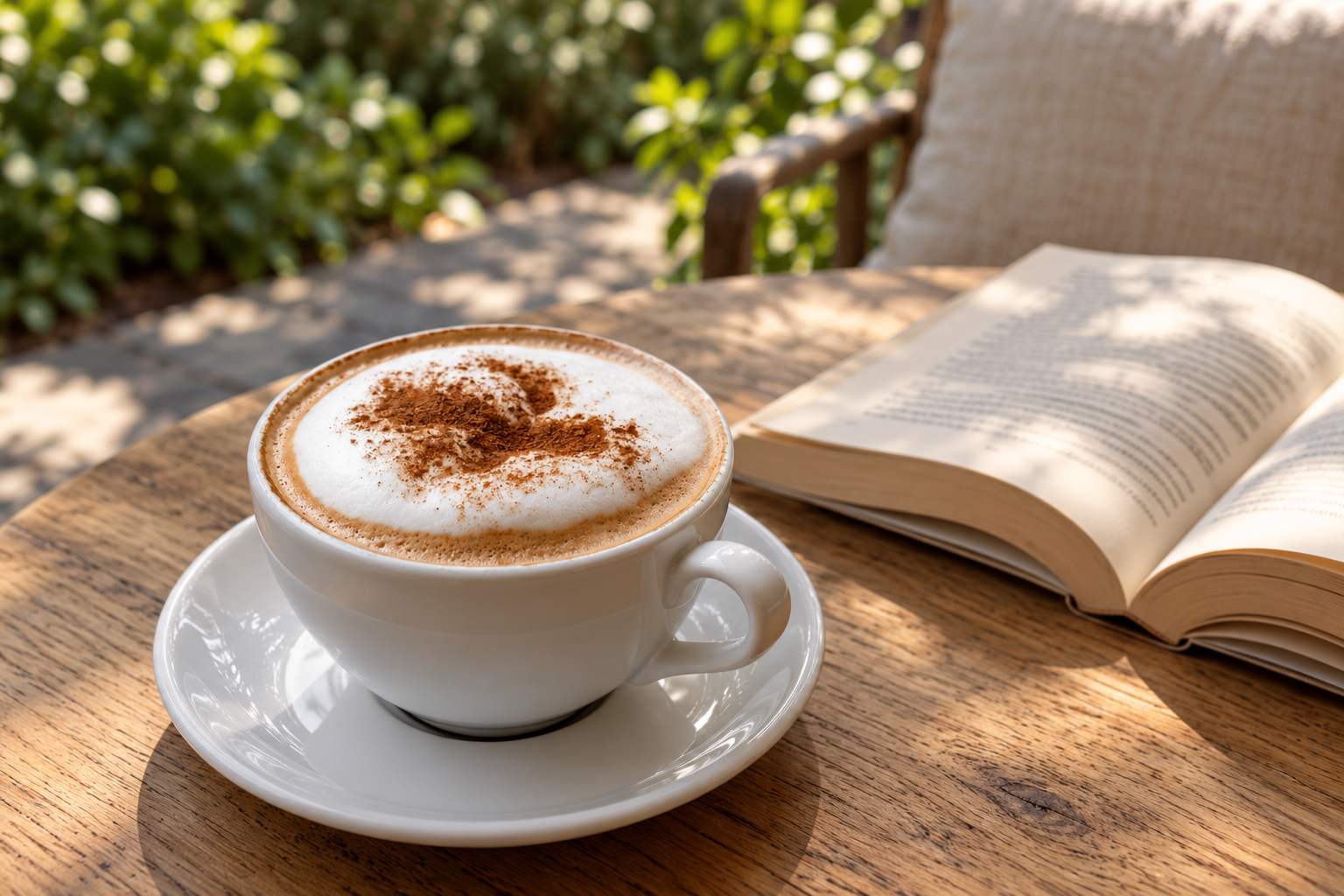 A cappuccino beside an open book on a wooden garden table in soft sunlight