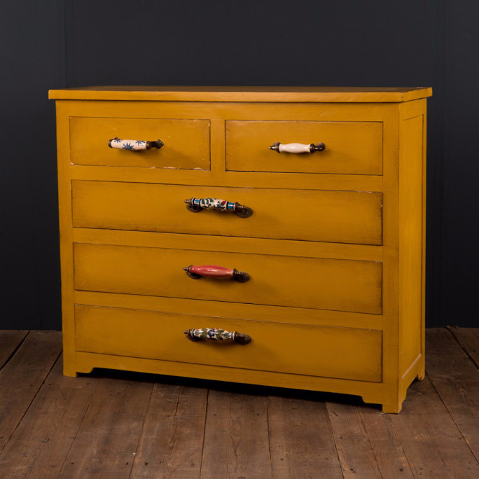 Yellow Drawer Chest with Mis-Matched Ceramic Handles