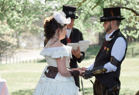 ivory steampunk wedding dresses are a specialty, made to measure