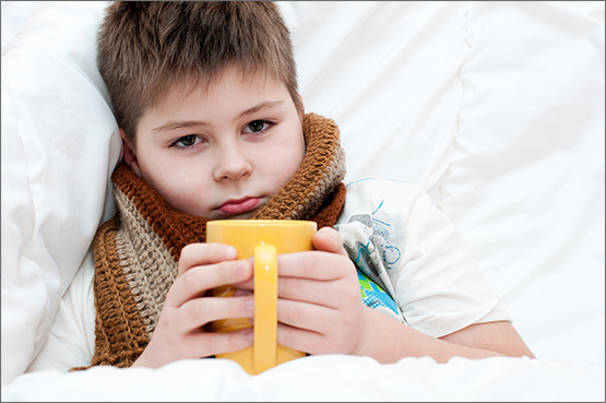 Sick boy, sick child, cold, sore throat, in bed