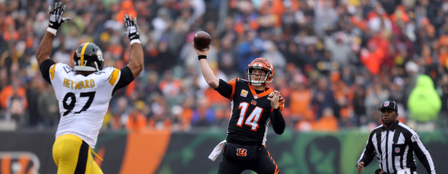 Pittsburgh Steelers defensive tackle Cameron Heyward (97) defends against Cincinnati Bengals quarterback Andy Dalton (14) at Paul Brown Stadium.