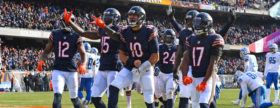 Chicago Bears quarterback Mitchell Trubisky (10) reacts after scoring a touchdown against the Detroit Lions during the second quarter at Soldier Field.