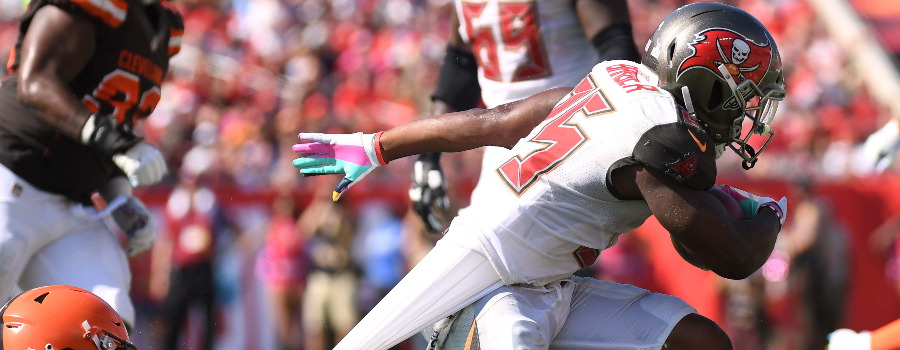 Tampa Bay Buccaneers running back Peyton Barber (25) tries to break free from Cleveland Browns linebacker Jamie Collins Sr. (51) in the second half at Raymond James Stadium.