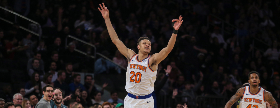 New York Knicks forward Kevin Knox (20) celebrates after scoring in the first quarter against the Atlanta Hawks at Madison Square Garden.