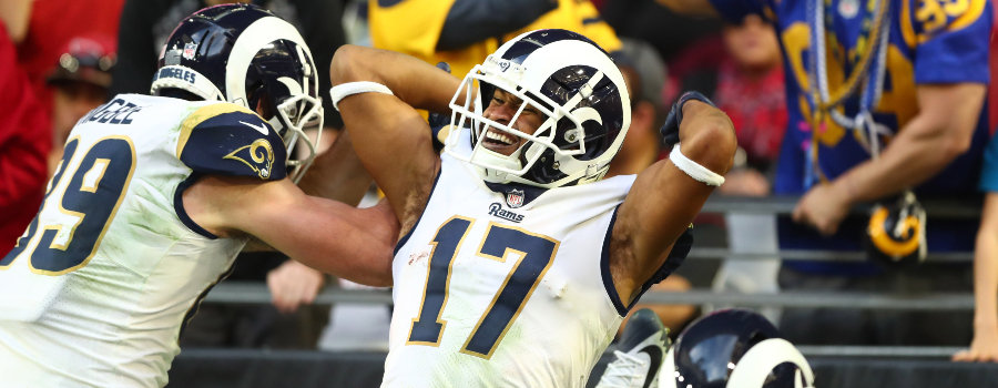 Los Angeles Rams wide receiver Robert Woods (17) celebrates after scoring a fourth quarter touchdown against the Arizona Cardinals at State Farm Stadium.