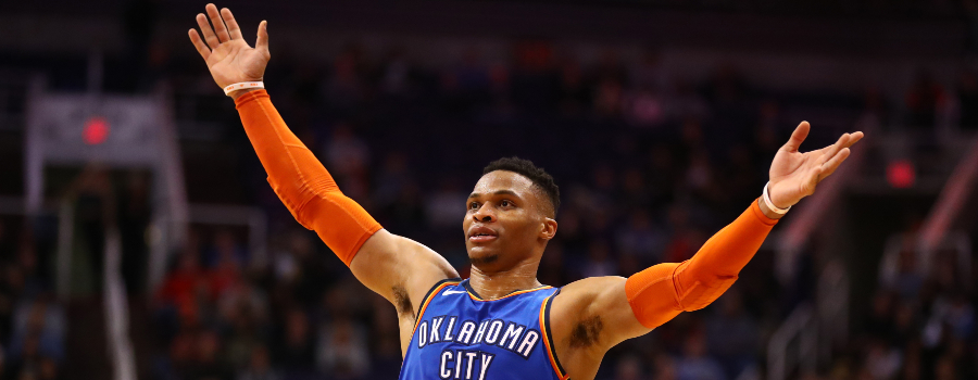 Oklahoma City Thunder guard Russell Westbrook (0) celebrates in the fourth quarter against the Phoenix Suns at Talking Stick Resort Arena.