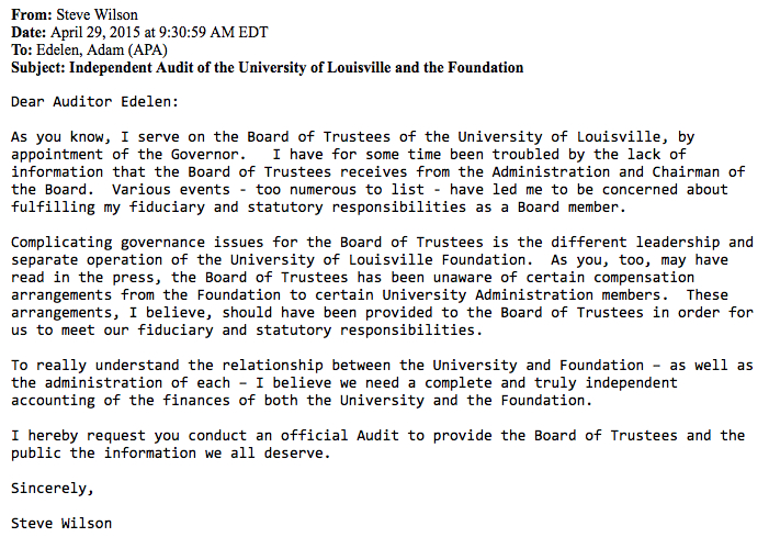 U of L Letter to Auditor U of L Letter to Auditor