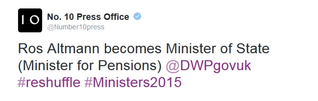 Official tweet announcing Ros Altmann's appointment