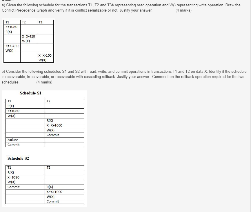 a) Given the following schedule for the transactions T1, T2 and T3 representing read operation and W()