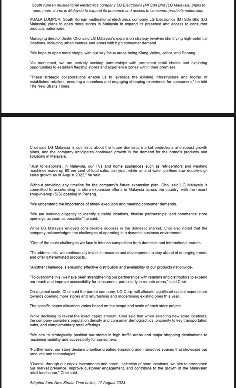 South Korean multinational electronics company LG Electronics (M) Sdn Bhd (LG Malaysia) plans to open more