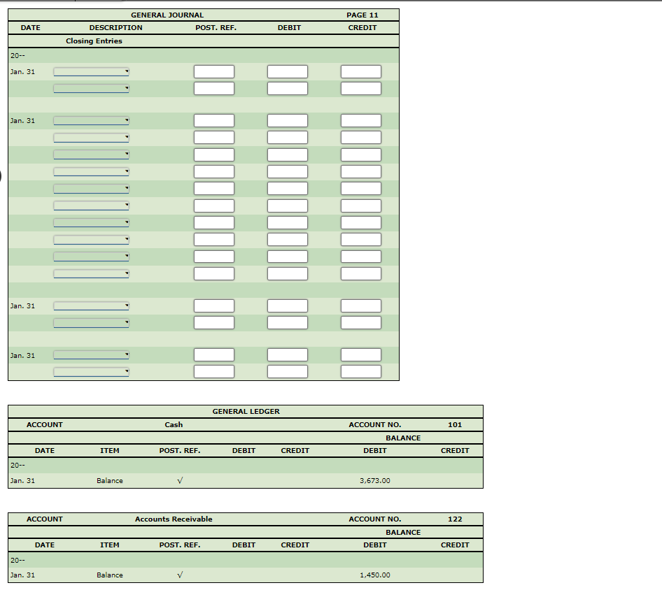 (page 11) and post the closing entries. 20-- DATE Jan. 31 GENERAL