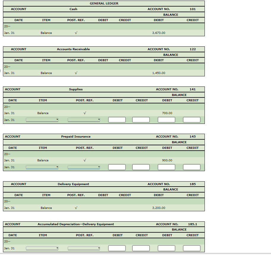 JOURNAL DESCRIPTION POST. REF. DEBIT Adjusting Entries Supplies used Jan. 31 Insurance
