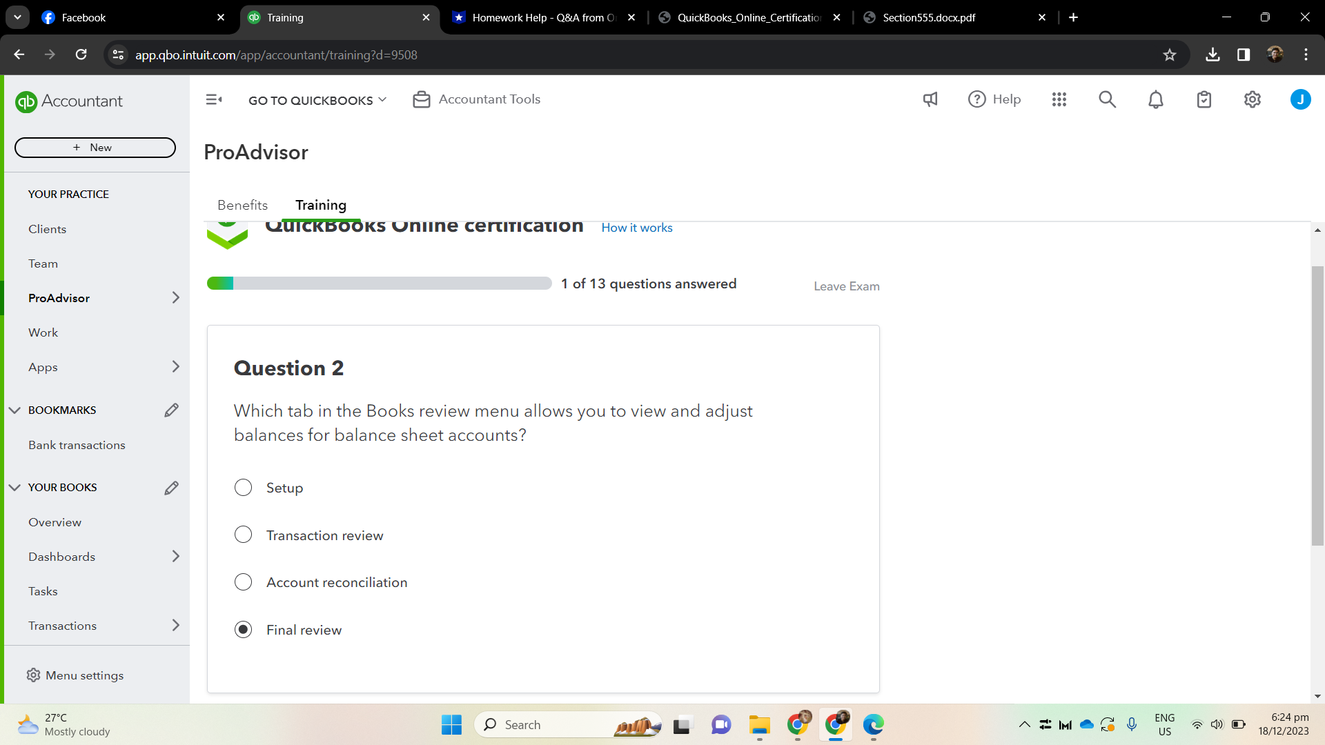 BOOKMARKS Bank transactions YOUR BOOKS Overview Tasks Dashboards Transactions Menu settings 27C