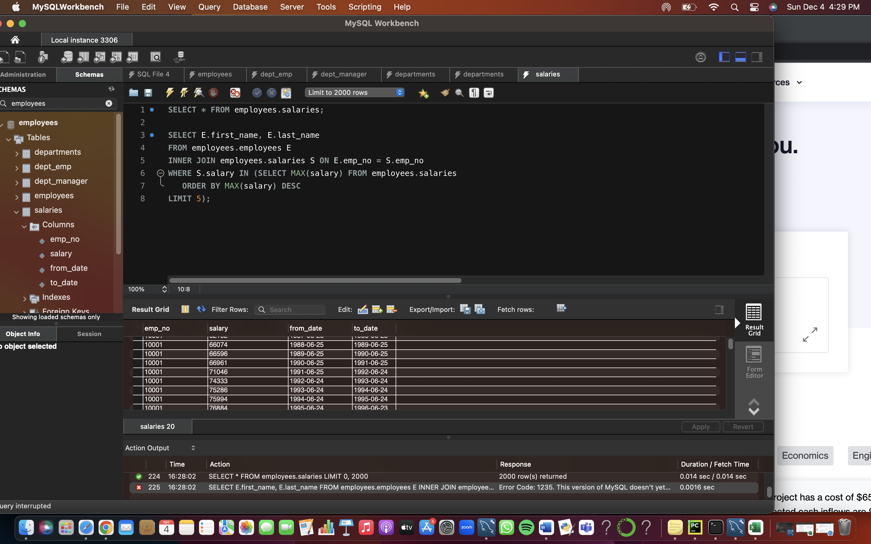 Administration CHEMAS MySQLWorkbench File Edit View Qemployees > > employees Tables Local