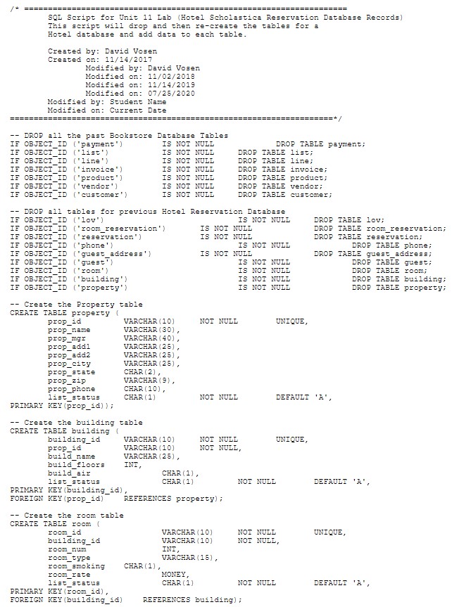 SQL Script for Unit 11 Lab (Hotel Scholastica Reservation Database Records) This