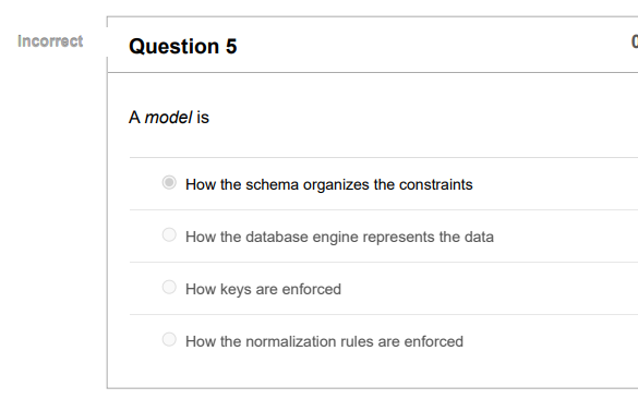 Incorrect Question 5 A model is How the schema organizes the constraints